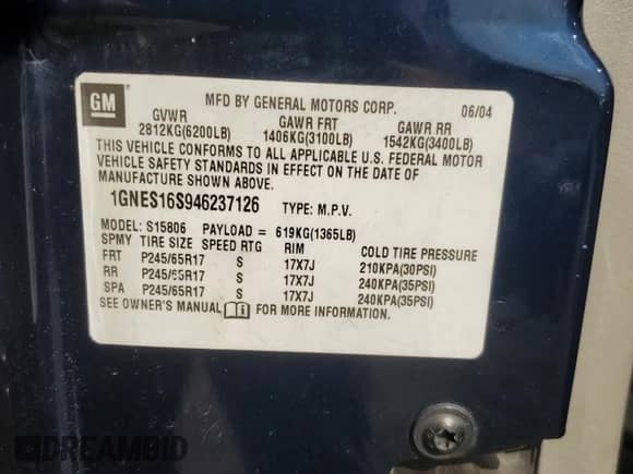 2004 Chevrolet TrailBlazer EXT LS с VIN 1GNES16S946237126, выставлен на аукционе Copart как лот 67253325 с пробегом 201 713 миль миль и Списание • Salvage title. История ставок и продаж доступна на DreamBid. Изображение 13.