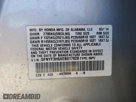 2014 Honda Pilot EX-L with VIN 5FNYF3H6XEB017828, listed as a Copart auction lot 53206475 with 217,412 mi miles and Salvage title. Bid and sale history available at DreamBid. Image 13.