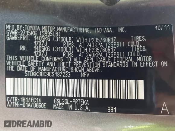 2012 Toyota Sienna LE AAS with VIN 5TDKK3DC9CS187233, listed as a IAAI auction lot 43269274 with 183,304 mi miles and . Bid and sale history available at DreamBid. Image 9.