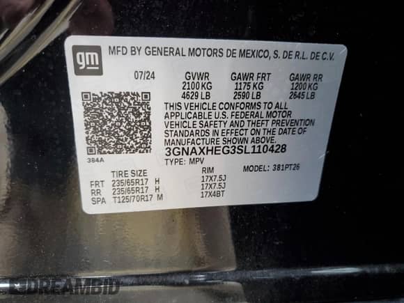 2025 Chevrolet Equinox FWD LT с VIN 3GNAXHEG3SL110428, выставлен на аукционе Copart как лот 41334195 с пробегом Не указан миль и Списание • Salvage title. История ставок и продаж доступна на DreamBid. Изображение 13.