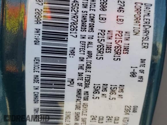 2000 Dodge Caravan SE z VIN 2B4GP45G2YR702617, wystawiony jako Copart lot #87403154 z przebiegiem Nie podano mil oraz Szkoda całkowita • Salvage title. Historia ofert i sprzedaży dostępna na DreamBid. Obrazek 16.