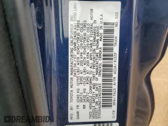 2007 Toyota Tacoma with VIN 5TEUX42N37Z425543, listed as a Copart auction lot 53050065 with 190,839 mi miles and Clean title. Bid and sale history available at DreamBid. Image 13.