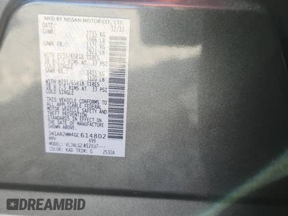 2016 Nissan Pathfinder Platinum with VIN 5N1AR2MM4GC614802, listed as a Copart auction lot 86994965 with 32,066 mi miles and Salvage title. Bid and sale history available at DreamBid. Image 14.