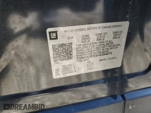 2019 Chevrolet Equinox LT с VIN 2GNAXUEV3K6194973, выставлен на аукционе Copart как лот 85376525 с пробегом 86 125 миль миль и Списание • Salvage title. История ставок и продаж доступна на DreamBid. Изображение 13.