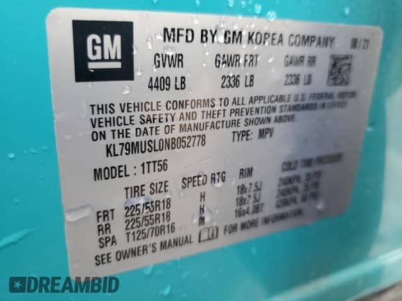 2022 Chevrolet TrailBlazer RS с VIN KL79MUSL0NB052778, выставлен на аукционе Copart как лот 82110255 с пробегом 41 130 миль миль и Списание • Salvage title. История ставок и продаж доступна на DreamBid. Изображение 13.