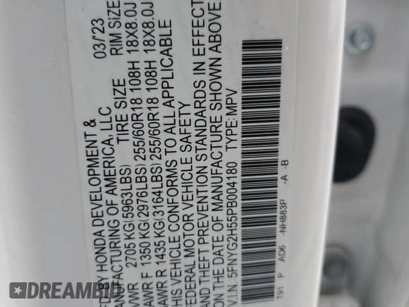2023 Honda Pilot EX-L with VIN 5FNYG2H55PB004180, listed as a Copart auction lot 80510544 with 27,743 mi miles and Salvage title. Bid and sale history available at DreamBid. Image 12.
