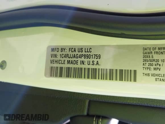 2023 Jeep Grand Cherokee Altitude с VIN 1C4RJJAG4P8901759, выставлен на аукционе IAAI как лот 42568139 с пробегом 61 936 миль миль и . История ставок и продаж доступна на DreamBid. Изображение 9.