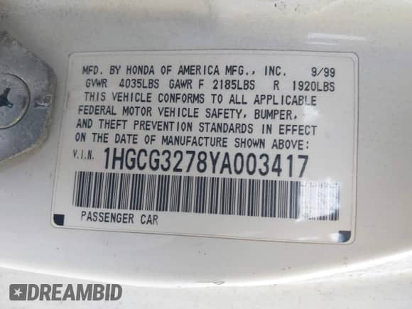 2000 Honda Accord EX z VIN 1HGCG3278YA003417, wystawiony jako IAAI lot #41239979 z przebiegiem 519 778 mil mil oraz . Historia ofert i sprzedaży dostępna na DreamBid. Obrazek 9.