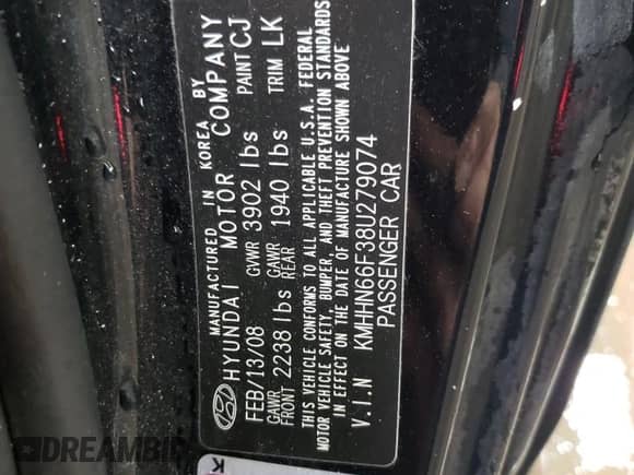 2008 Hyundai Tiburon GT with VIN KMHHN66F38U279074, listed as a Copart auction lot 87723645 with 125,280 mi miles and Salvage title. Bid and sale history available at DreamBid. Image 12.