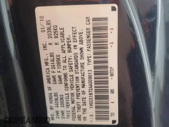 2010 Honda Accord EX with VIN 1HGCS1B72AA009013, listed as a Copart auction lot 85302365 with 139,064 mi miles and Salvage title. Bid and sale history available at DreamBid. Image 13.