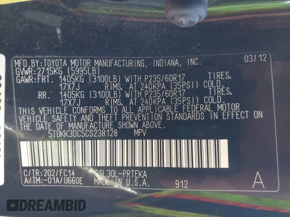 2012 Toyota Sienna LE AAS with VIN 5TDKK3DC5CS238128, listed as a IAAI auction lot 43015762 with 298,422 mi miles and . Bid and sale history available at DreamBid. Image 9.