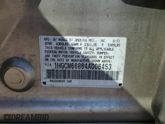2004 Honda Accord EX with VIN 1HGCM66864A006453, listed as a Copart auction lot 57224465 with 196,478 mi miles and Salvage title. Bid and sale history available at DreamBid. Image 12.