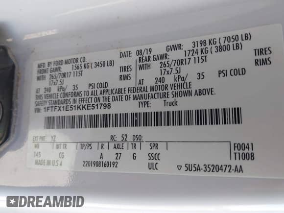 2019 Ford F-150 XL with VIN 1FTFX1E51KKE51798, listed as a IAAI auction lot 43189890 with 115,034 mi miles and . Bid and sale history available at DreamBid. Image 8.