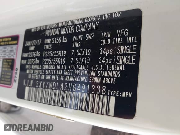 2017 Hyundai Santa Fe Ultimate с VIN 5XYZWDLA2HG491338, выставлен на аукционе IAAI как лот 42590671 с пробегом 114 521 миль миль и . История ставок и продаж доступна на DreamBid. Изображение 9.