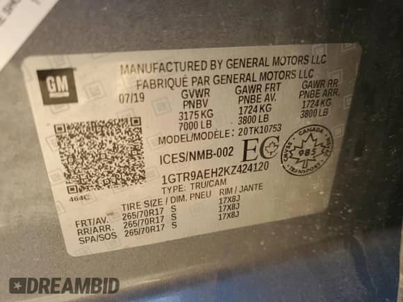 2019 GMC Sierra 1500 with VIN 1GTR9AEH2KZ424120, listed as a Copart auction lot 75229784 with Not provided miles and Non repairable. Bid and sale history available at DreamBid. Image 12.