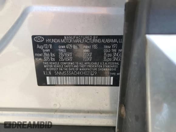 2019 Hyundai Santa Fe SEL с VIN 5NMS33AD4KH021729, выставлен на аукционе Copart как лот 57177865 с пробегом 55 619 миль миль и Списание • Salvage title. История ставок и продаж доступна на DreamBid. Изображение 13.