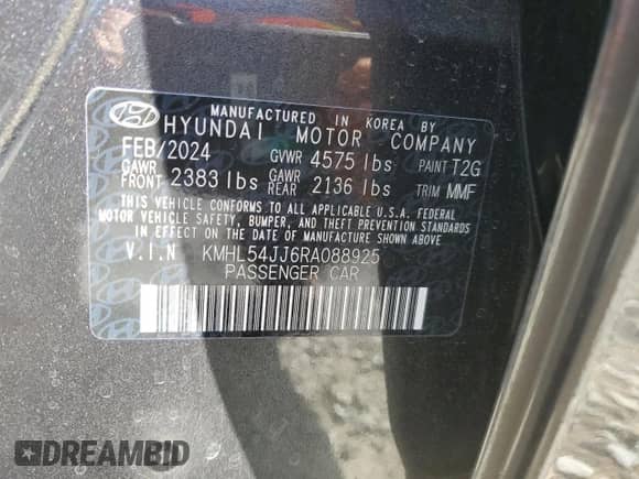 2024 Hyundai Sonata Limited с VIN KMHL54JJ6RA088925, выставлен на аукционе Copart как лот 71099435 с пробегом 14 366 миль миль и Списание • Salvage title. История ставок и продаж доступна на DreamBid. Изображение 13.