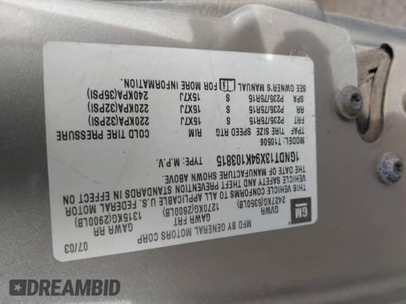 2004 Chevrolet Blazer LS with VIN 1GNDT13X94K103815, listed as a IAAI auction lot 41780349 with 187,296 mi miles and . Bid and sale history available at DreamBid. Image 9.