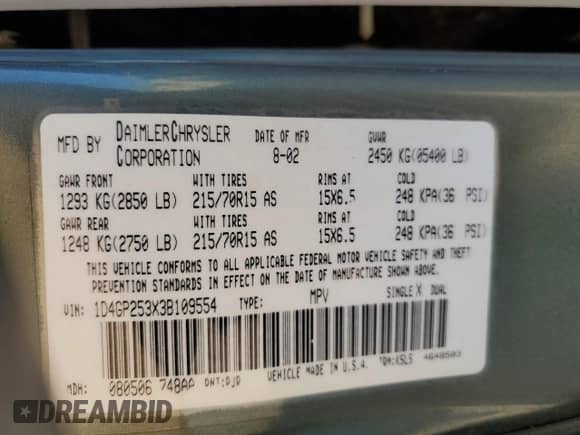 2003 Dodge Caravan SE с VIN 1D4GP253X3B109554, выставлен на аукционе Copart как лот 71961234 с пробегом Не указан миль и Списание • Salvage title. История ставок и продаж доступна на DreamBid. Изображение 13.