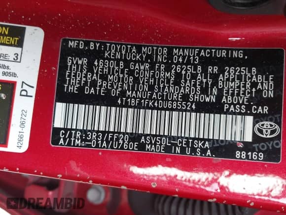 2013 Toyota Camry LE с VIN 4T1BF1FK4DU685524, выставлен на аукционе IAAI как лот 42627475 с пробегом 169 514 миль миль и . История ставок и продаж доступна на DreamBid. Изображение 9.