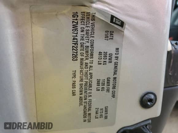 2007 Chevrolet Malibu с VIN 1G1ZW67147F227263, выставлен на аукционе Copart как лот 39850424 с пробегом 201 999 миль миль и На запчасти • Non repairable. История ставок и продаж доступна на DreamBid. Изображение 12.