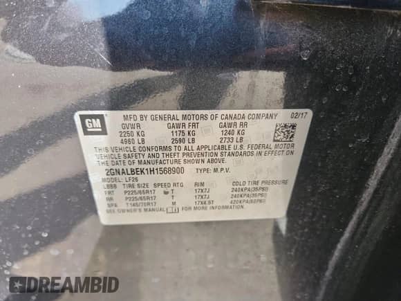 2017 Chevrolet Equinox LS with VIN 2GNALBEK1H1568900, listed as a Copart auction lot 86074825 with 94,620 mi miles and Salvage title. Bid and sale history available at DreamBid. Image 13.