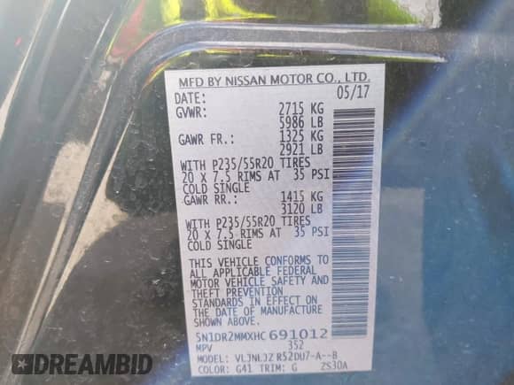 2017 Nissan Pathfinder SL with VIN 5N1DR2MMXHC691012, listed as a IAAI auction lot 43143583 with 113,386 mi miles and . Bid and sale history available at DreamBid. Image 9.