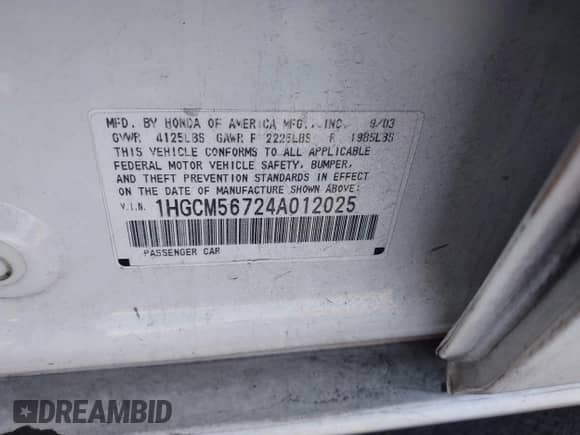 2004 Honda Accord EX с VIN 1HGCM56724A012025, выставлен на аукционе IAAI как лот 43291357 с пробегом 202 894 миль миль и . История ставок и продаж доступна на DreamBid. Изображение 9.