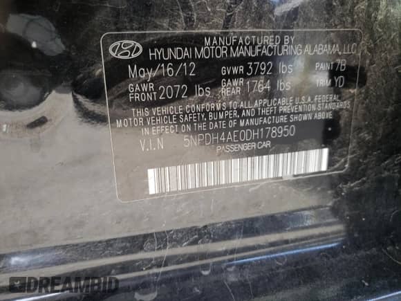 2013 Hyundai Elantra Limited с VIN 5NPDH4AE0DH178950, выставлен на аукционе Copart как лот 82390245 с пробегом Не указан миль и Списание • Salvage title. История ставок и продаж доступна на DreamBid. Изображение 13.