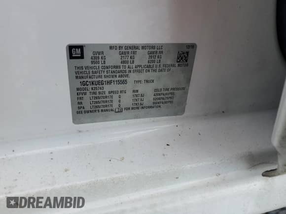 2017 Chevrolet Silverado 2500HD Work Truck with VIN 1GC1KUEG1HF115565, listed as a Copart auction lot 69450295 with Not provided miles and Salvage title. Bid and sale history available at DreamBid. Image 12.