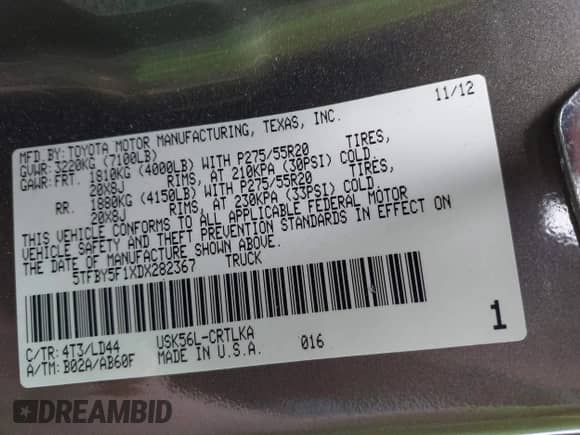 2013 Toyota Tundra Limited z VIN 5TFBY5F1XDX282367, wystawiony jako IAAI lot #42148030 z przebiegiem 124 357 mil mil oraz . Historia ofert i sprzedaży dostępna na DreamBid. Obrazek 9.