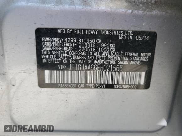 2014 Subaru Impreza с VIN JF1GJAA66EH021566, выставлен на аукционе Copart как лот 71758494 с пробегом 49 273 миль миль и Списание • Salvage title. История ставок и продаж доступна на DreamBid. Изображение 13.