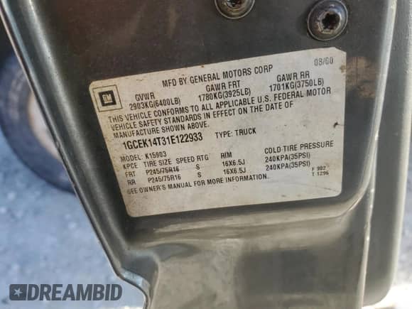 2001 Chevrolet Silverado 1500 with VIN 1GCEK14T31E122933, listed as a Copart auction lot 51150165 with Not provided miles and Clean title. Bid and sale history available at DreamBid. Image 12.