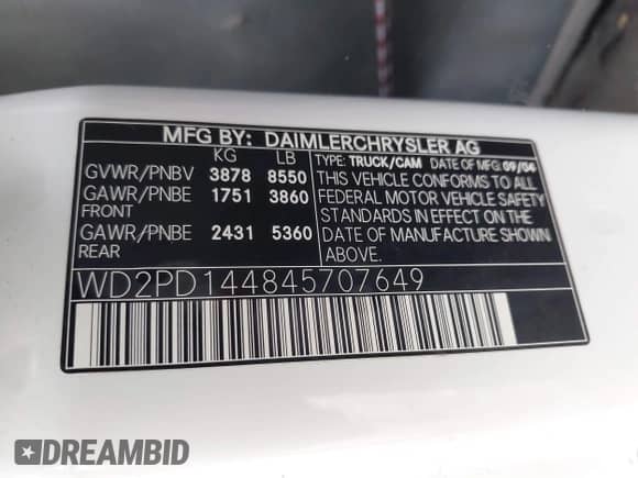 2004 Dodge Sprinter with VIN WD2PD144845707649, listed as a IAAI auction lot 42636084 with 366,010 mi miles and . Bid and sale history available at DreamBid. Image 9.