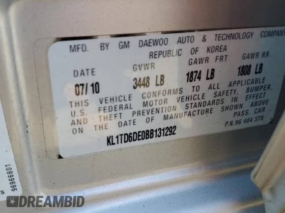 2011 Chevrolet Aveo 1LT с VIN KL1TD6DE0BB131292, выставлен на аукционе Copart как лот 66771035 с пробегом 105 838 миль миль и Чистый • Clean title. История ставок и продаж доступна на DreamBid. Изображение 12.