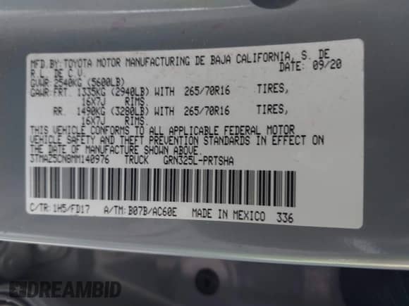 2021 Toyota Tacoma SR5 with VIN 3TMAZ5CN8MM140976, listed as a IAAI auction lot 41513243 with 109,786 mi miles and . Bid and sale history available at DreamBid. Image 9.