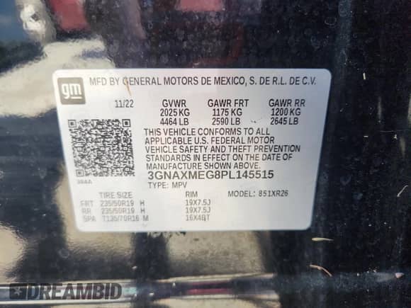 2023 Chevrolet Equinox RS с VIN 3GNAXMEG8PL145515, выставлен на аукционе Copart как лот 70466905 с пробегом 29 004 миль миль и Списание • Salvage title. История ставок и продаж доступна на DreamBid. Изображение 12.