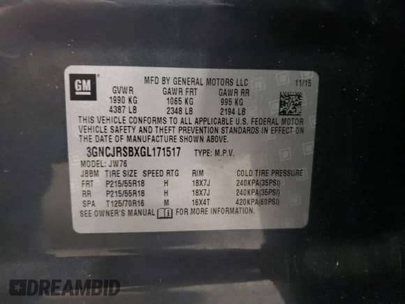 2016 Chevrolet Trax LTZ with VIN 3GNCJRSBXGL171517, listed as a Copart auction lot 71493305 with 134,993 mi miles and Salvage title. Bid and sale history available at DreamBid. Image 13.