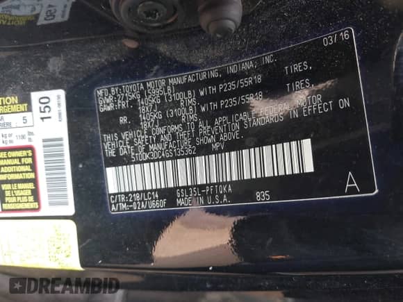 2016 Toyota Sienna Limited Premium with VIN 5TDDK3DC4GS135362, listed as a IAAI auction lot 43299081 with 199,342 mi miles and . Bid and sale history available at DreamBid. Image 9.