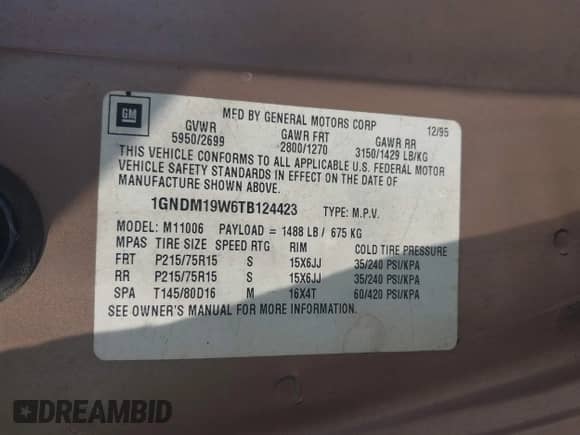 1996 Chevrolet Astro с VIN 1GNDM19W6TB124423, выставлен на аукционе IAAI как лот 43242910 с пробегом 97 401 миль миль и . История ставок и продаж доступна на DreamBid. Изображение 9.