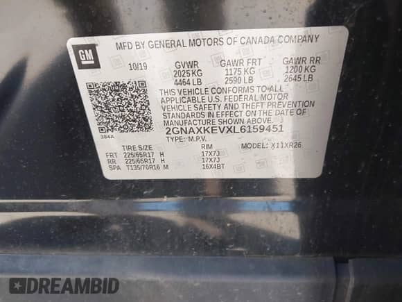 2020 Chevrolet Equinox LT с VIN 2GNAXKEVXL6159451, выставлен на аукционе IAAI как лот 41757000 с пробегом 84 601 миль миль и . История ставок и продаж доступна на DreamBid. Изображение 9.