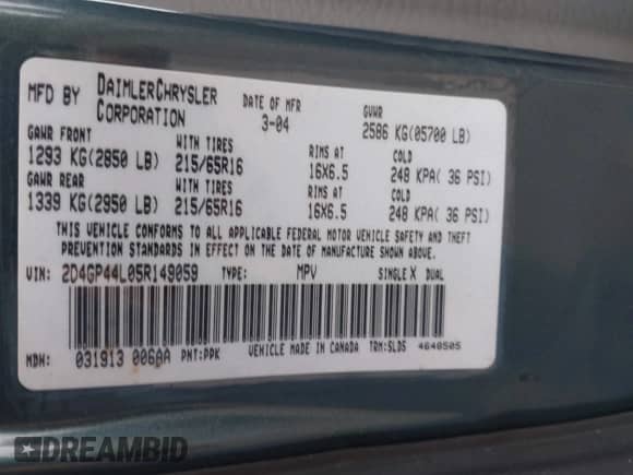 2005 Dodge Caravan SXT with VIN 2D4GP44L05R149059, listed as a IAAI auction lot 43448089 with 223,260 mi miles and . Bid and sale history available at DreamBid. Image 9.