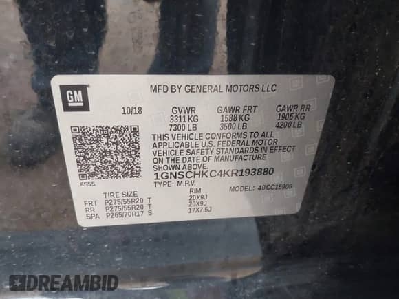 2019 Chevrolet Suburban LT z VIN 1GNSCHKC4KR193880, wystawiony jako IAAI lot #42270216 z przebiegiem 137 872 mil mil oraz . Historia ofert i sprzedaży dostępna na DreamBid. Obrazek 9.