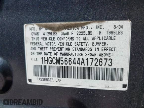 2004 Honda Accord EX with VIN 1HGCM56644A172673, listed as a IAAI auction lot 43334082 with 235,693 mi miles and . Bid and sale history available at DreamBid. Image 9.