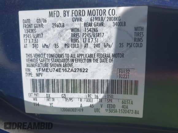 2006 Ford Explorer Eddie Bauer with VIN 1FMEU74E16ZA27622, listed as a IAAI auction lot 43264499 with 246,100 mi miles and . Bid and sale history available at DreamBid. Image 9.