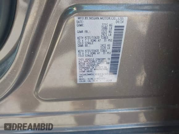 2014 Nissan Pathfinder SL with VIN 5N1AR2MM0EC691650, listed as a IAAI auction lot 42998480 with 96,310 mi miles and . Bid and sale history available at DreamBid. Image 9.