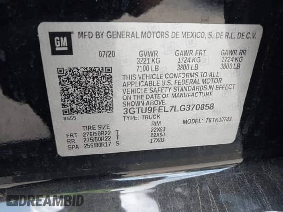 2020 GMC Sierra 1500 Denali with VIN 3GTU9FEL7LG370858, listed as a IAAI auction lot 42574907 with 27,005 mi miles and . Bid and sale history available at DreamBid. Image 9.