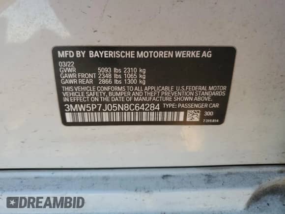 2022 BMW 3 Series 330e с VIN 3MW5P7J05N8C64284, выставлен на аукционе Copart как лот 47860785 с пробегом 45 901 миль миль и Списание • Salvage title. История ставок и продаж доступна на DreamBid. Изображение 12.