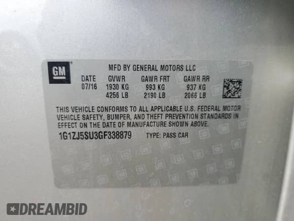 2016 Chevrolet Malibu Hybrid с VIN 1G1ZJ5SU3GF338879, выставлен на аукционе Copart как лот 68210135 с пробегом 64 913 миль миль и Списание • Salvage title. История ставок и продаж доступна на DreamBid. Изображение 12.