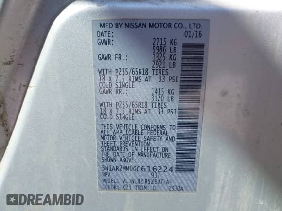 2016 Nissan Pathfinder Platinum with VIN 5N1AR2MM0GC616224, listed as a IAAI auction lot 42088422 with 131,411 mi miles and . Bid and sale history available at DreamBid. Image 9.